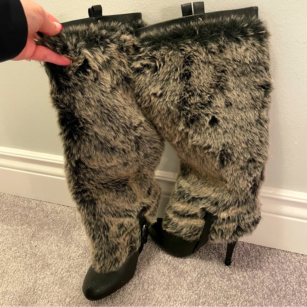 Women’s Faux Fur Heeled Knee High Boots - Size 6.5